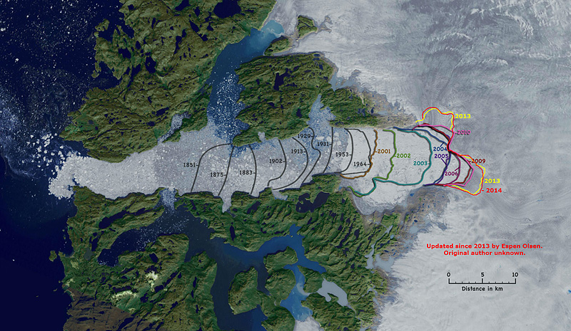 Retreat of the calving front of the Jacobshavn glacier 1851-2014